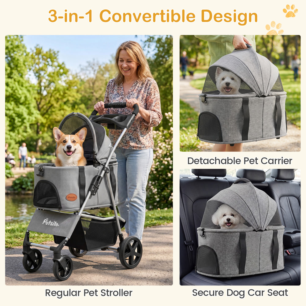 3-in-1 pet stroller in gray with detachable carrier, breathable mesh windows, and soft padded cushion for small dogs.