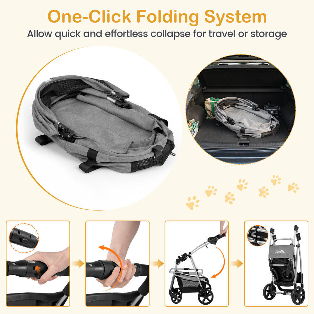 Foldable 3-in-1 pet stroller in gray with one-click folding system for easy storage and transport. Ideal for small dogs.