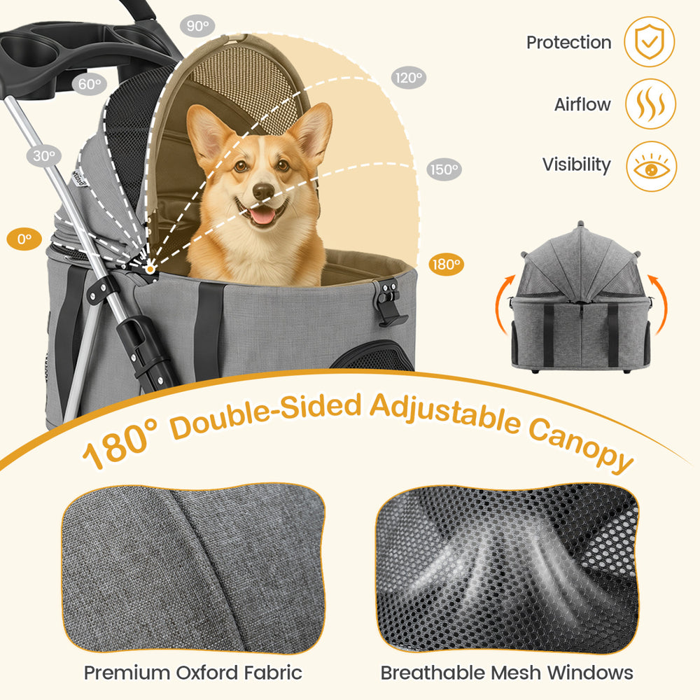 Detachable pet basket of a gray 3-in-1 stroller with breathable mesh windows for airflow and visibility.