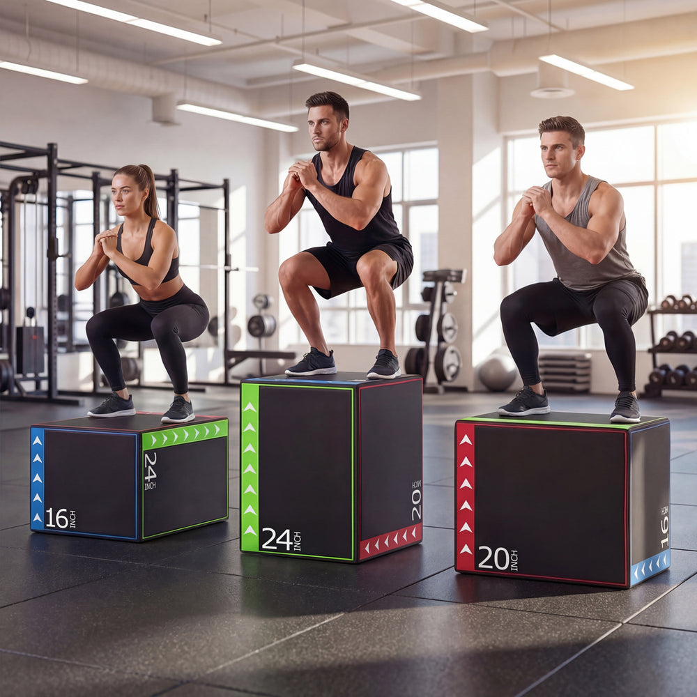 Three athletes using a 3-in-1 plyometric box for jumps, featuring 16, 20, and 24-inch height options for versatile.