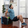 Man performing dips on a 3-in-1 plyometric box, featuring resilient EPE foam and height options of 16, 20, or 24 inches.