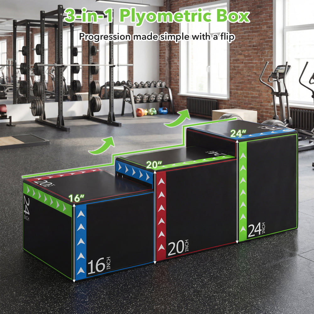 3-in-1 Plyometric Box with 16, 20, and 24-inch height options, made of soft PU cover and EPE foam for safe workouts.