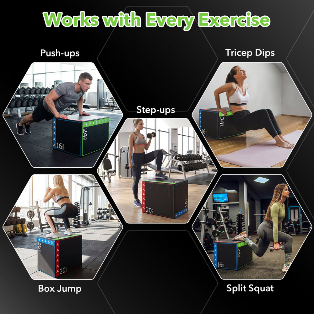 3-in-1 Plyometric box with height options for jumps and step-ups, featuring soft PU cover and resilient foam for safety.