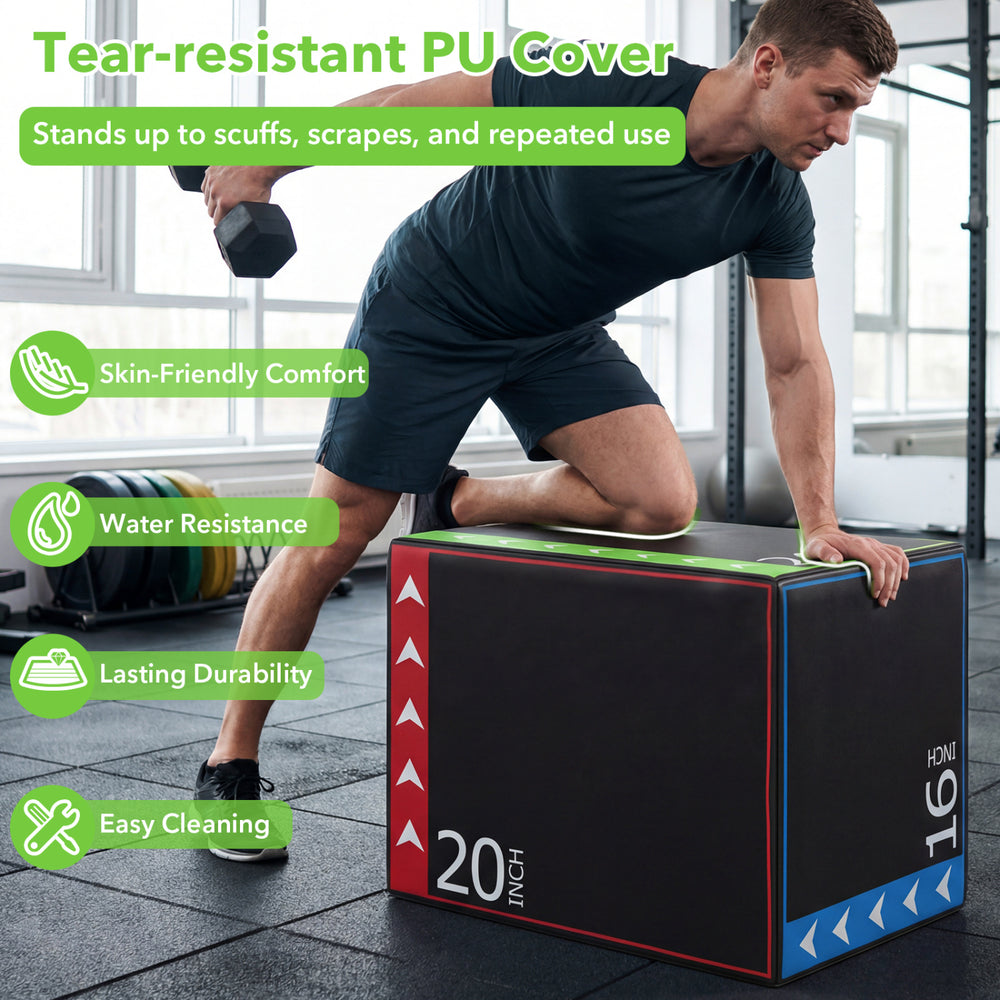 3-in-1 plyometric box with tear-resistant PU cover, offering 16, 20, or 24-inch height options for versatile workouts.
