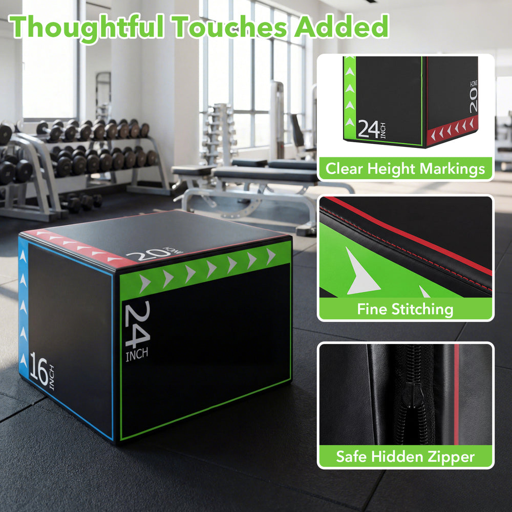 3-in-1 plyometric box with clear height markings, soft PU cover, and fine stitching for safe, versatile workouts.