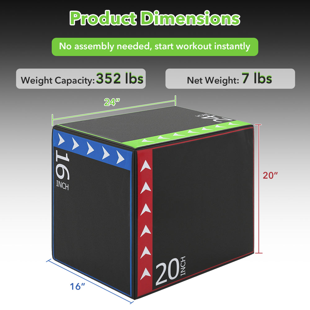 3-in-1 plyometric box with dimensions 16 x 20 x 24 inches, lightweight design, supports 352 lbs for versatile workouts.