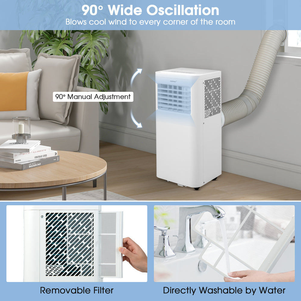 Portable air conditioner with 6000 BTU cooling, removable filter, and 90° wide oscillation for efficient room cooling.