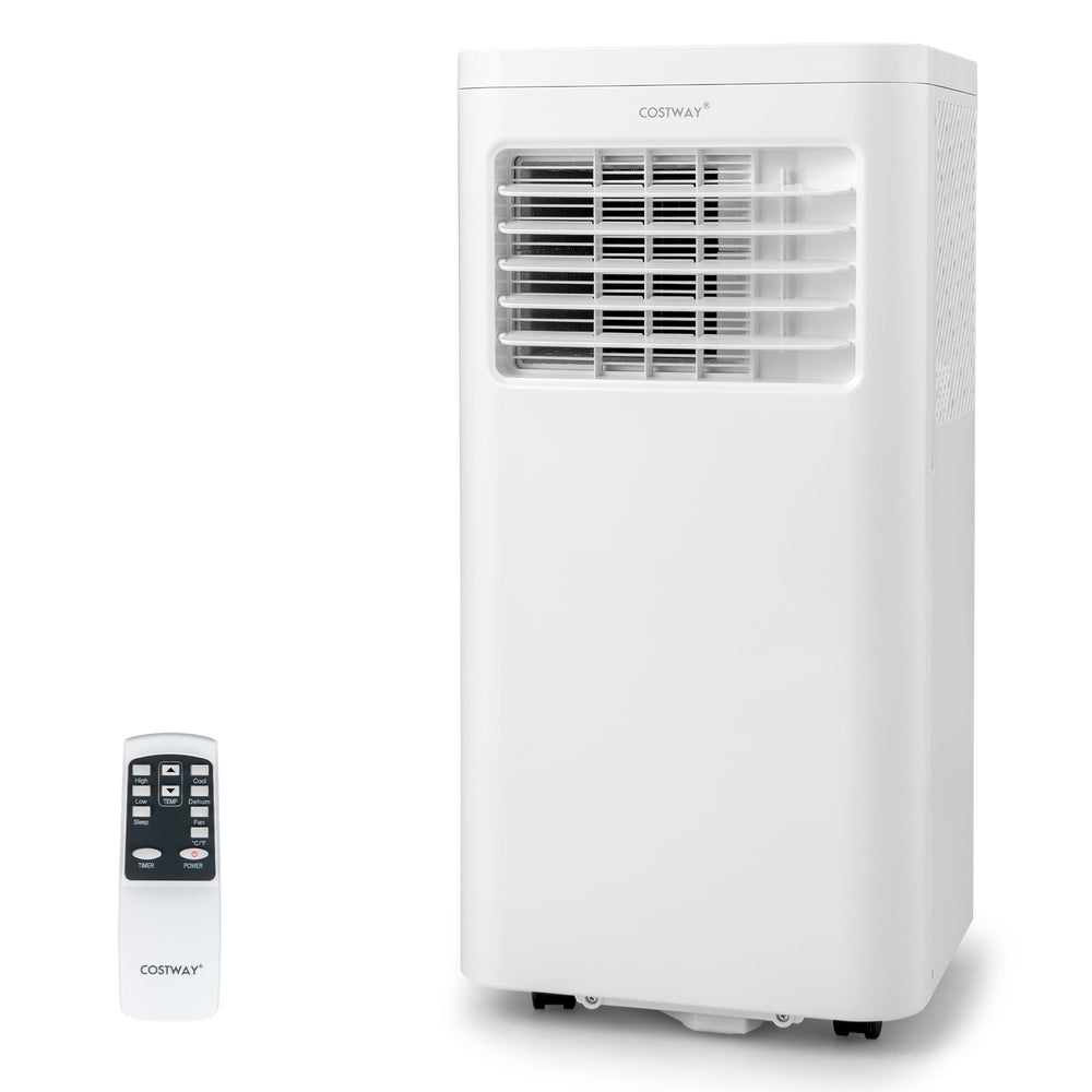 Portable air conditioner with remote control, 6000 BTU cooling for 250 sq. ft., featuring adjustable fan speeds and.