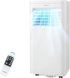 Portable air conditioner with remote control, 6000 BTU cooling for 250 sq.ft, featuring adjustable fan speeds and timer.