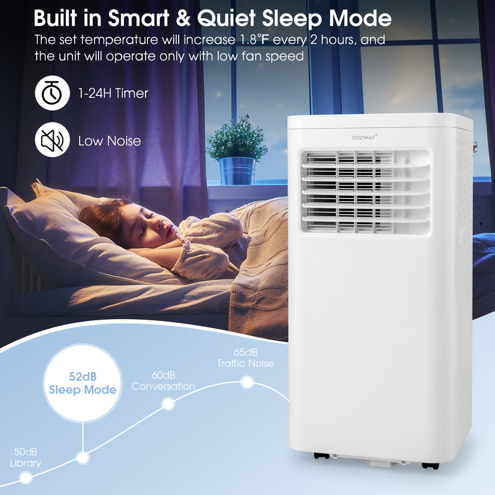 Portable air conditioner with 8000 BTU cooling, 3-in-1 functions, and low noise sleep mode for 250 sq.ft spaces.