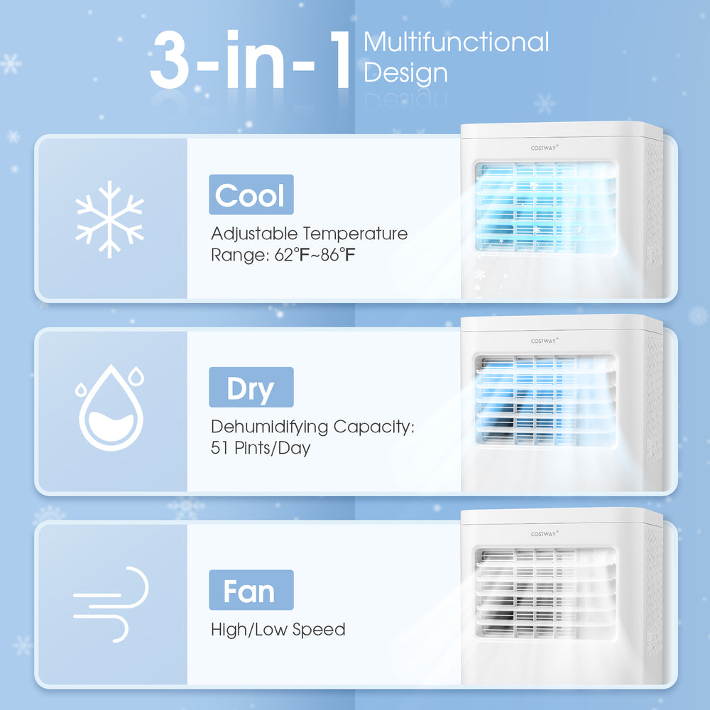6000 BTU portable air conditioner with cooling, dehumidifying, and fan functions for spaces up to 250 sq. ft.