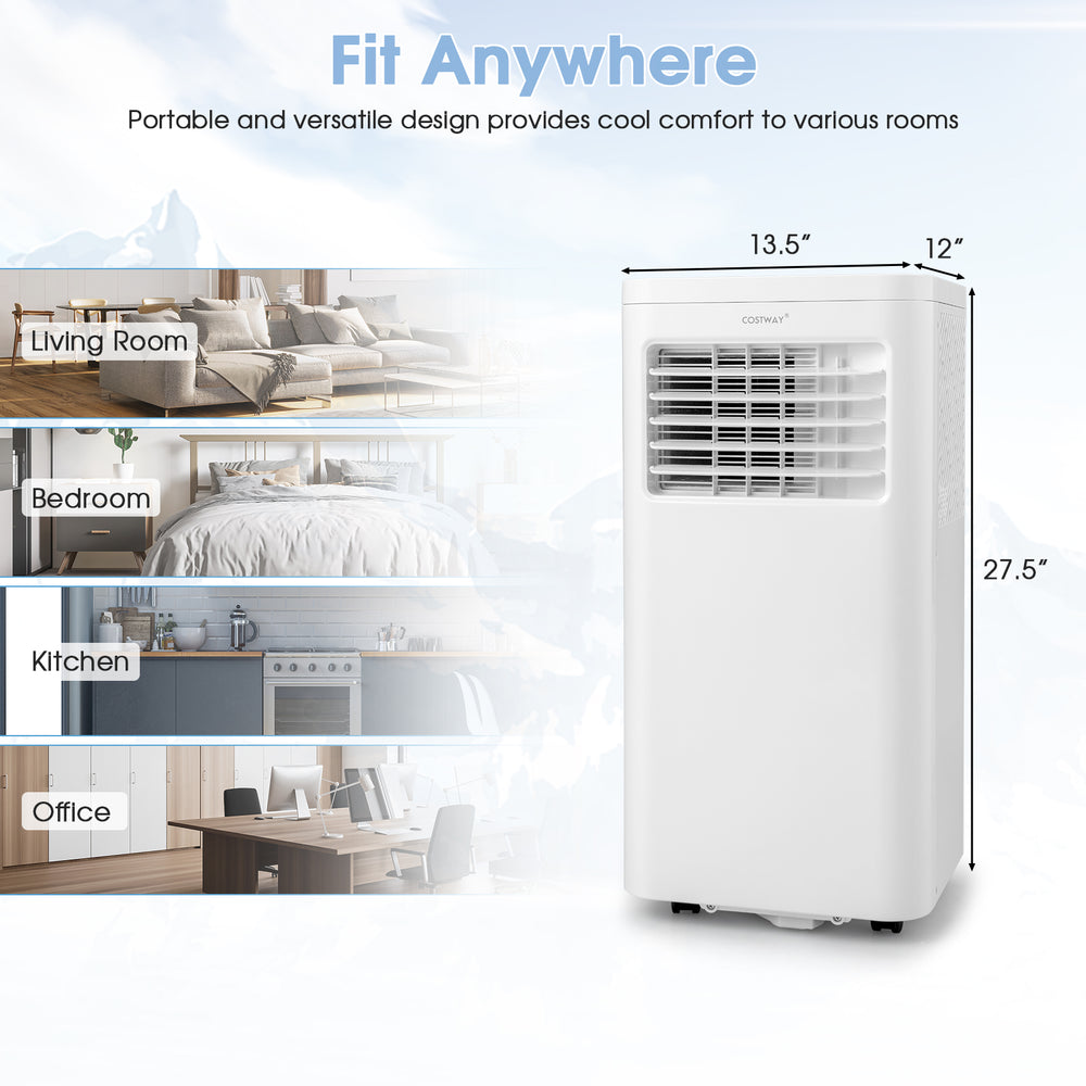 Portable 6000 BTU air conditioner with adjustable fan speeds and remote control, ideal for cooling various rooms.