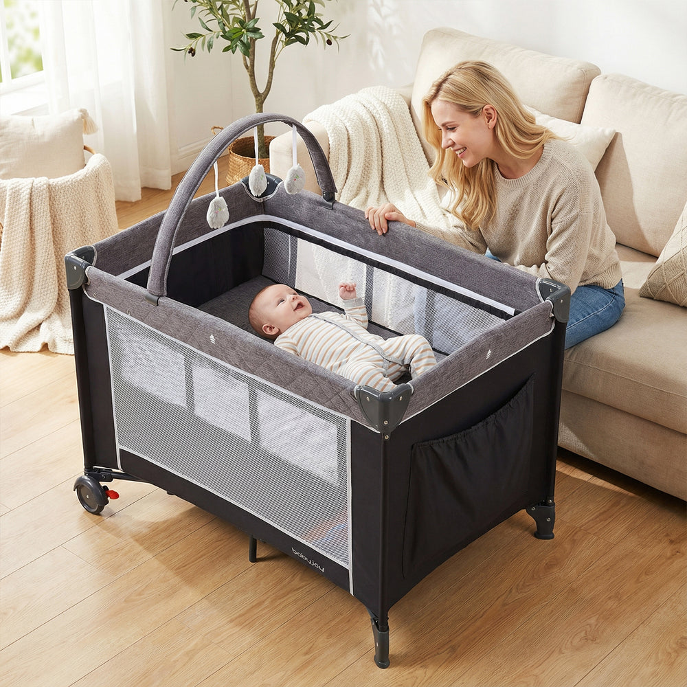3-in-1 Portable Baby Crib and Playpen with Changing Table-Gray - Gallery View 1 of 9