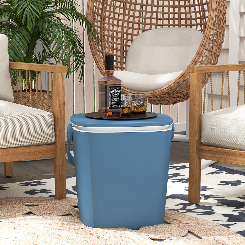Portable blue cooler bar table with lift top lid and bottle opener, perfect for camping or poolside use.
