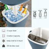 Portable blue cooler bar table with lift top lid, 4-gallon capacity, and integrated bottle opener for outdoor use.