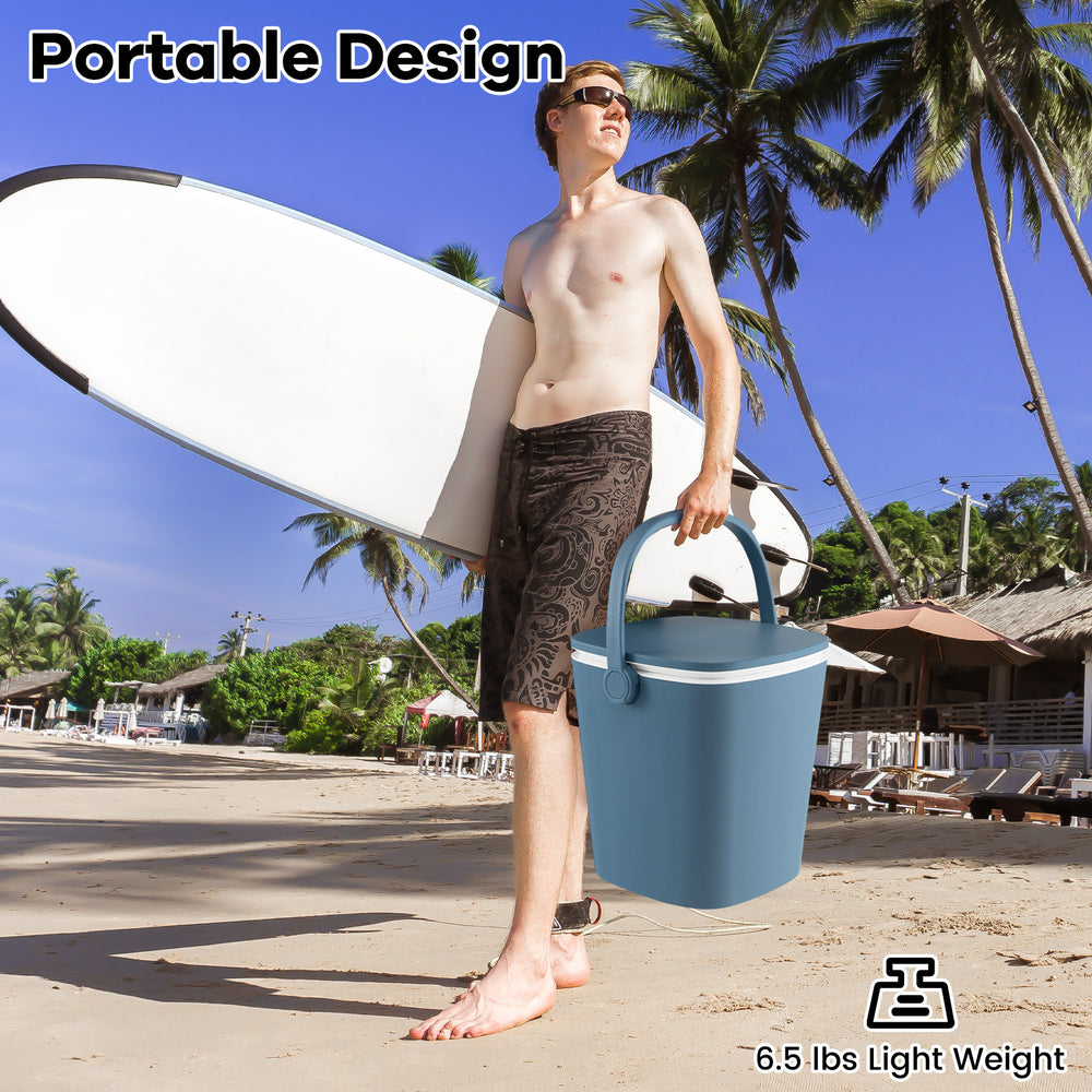 3-in-1 portable cooler bar table in blue, featuring a lift top lid and carrying handle, perfect for camping and.