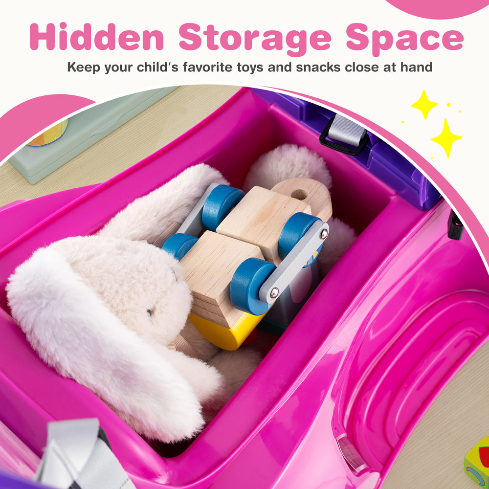Hidden storage space in the pink 3-in-1 push car for toddlers, perfect for toys and snacks during playtime.