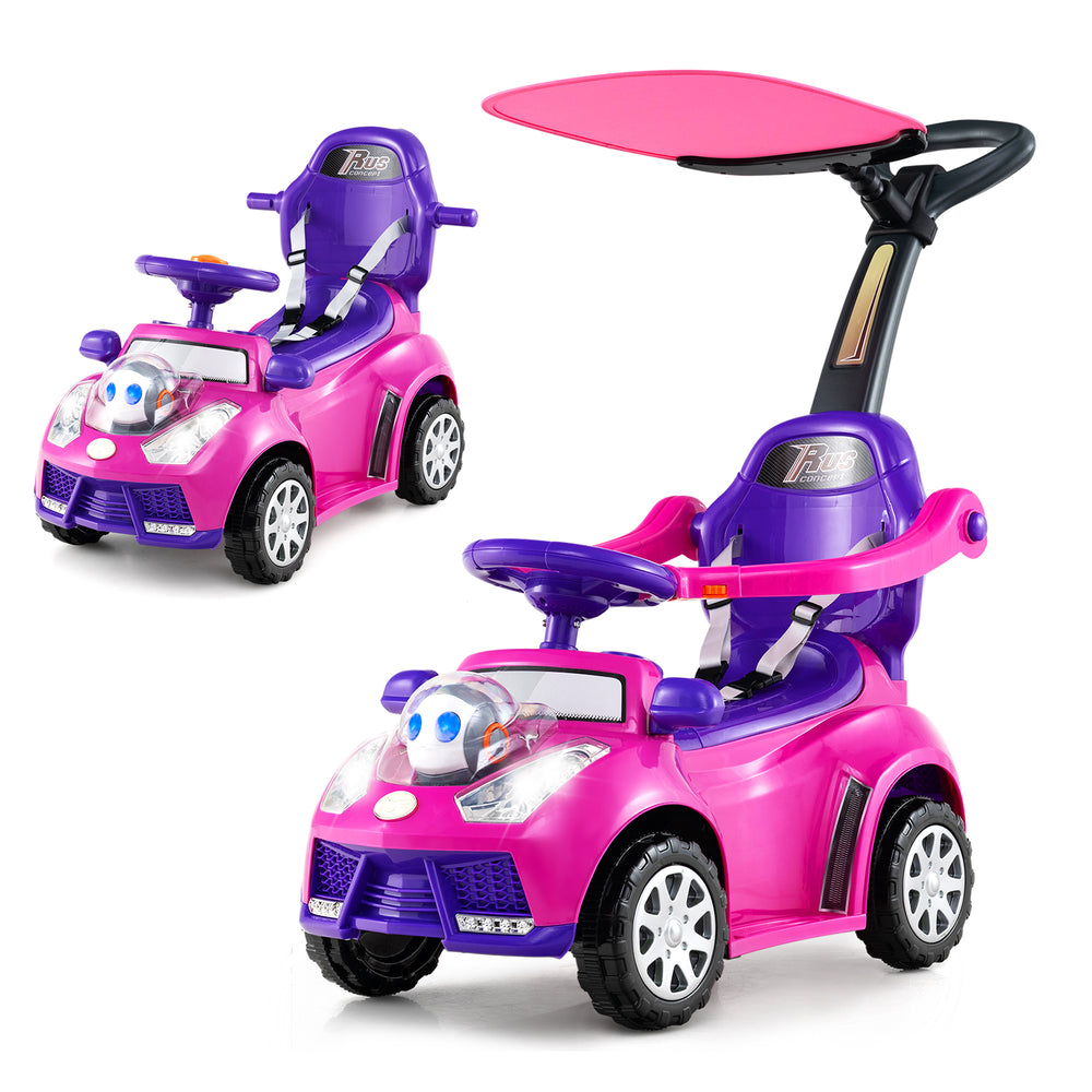 3-in-1 pink push car for toddlers with adjustable canopy, interactive buttons, and safety features for fun outdoor play.