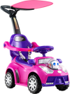 3-in-1 pink push car for toddlers with adjustable canopy, realistic steering wheel, and interactive buttons for fun.