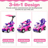 3-in-1 pink push car for toddlers, featuring a removable guardrail, adjustable canopy, and interactive buttons for fun.
