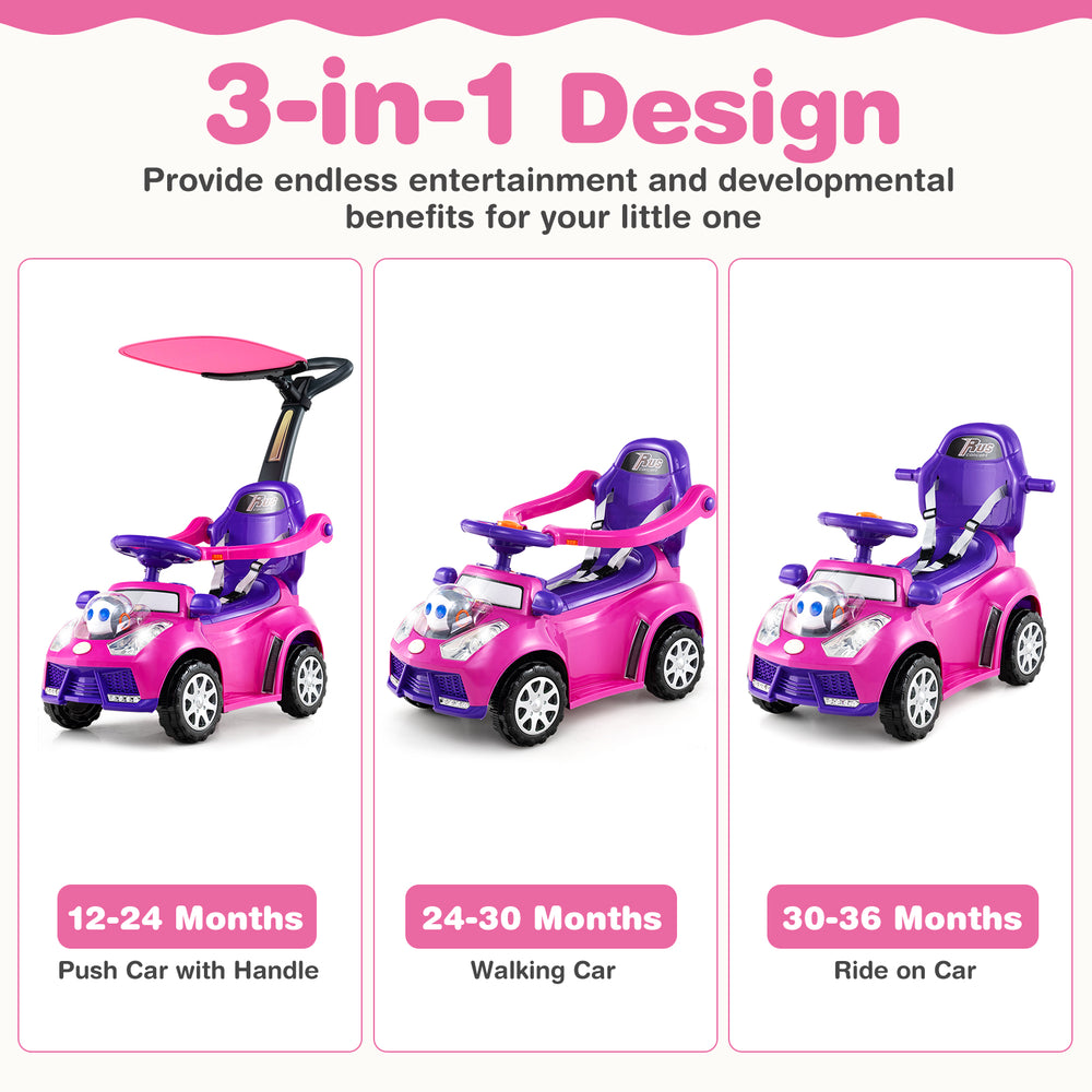 3-in-1 pink push car for toddlers, featuring a removable guardrail, adjustable canopy, and interactive buttons for fun.