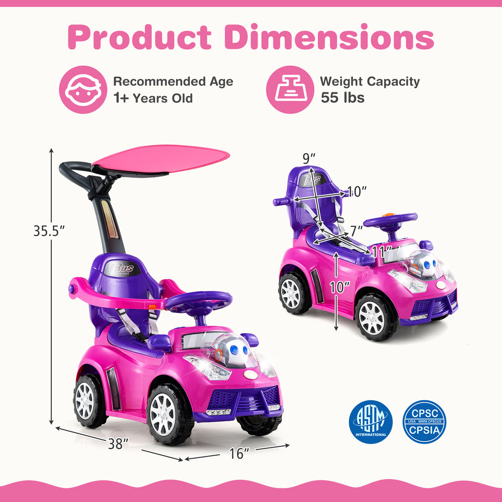 3-in-1 pink push car for toddlers, featuring adjustable canopy, storage space, and interactive buttons for fun playtime.