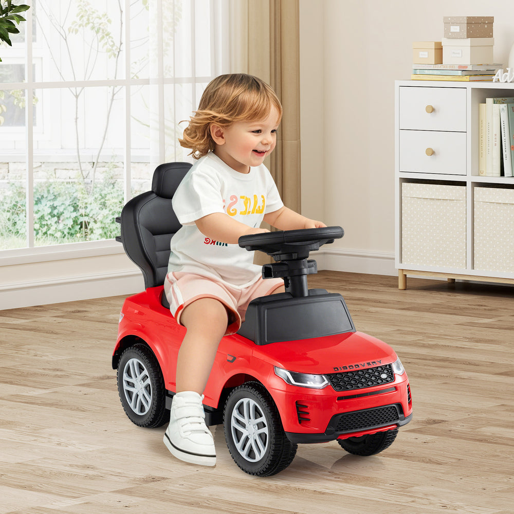 Red 3 in 1 push car for kids with removable handle, steering wheel, and comfortable backrest for ages 18-36 months.