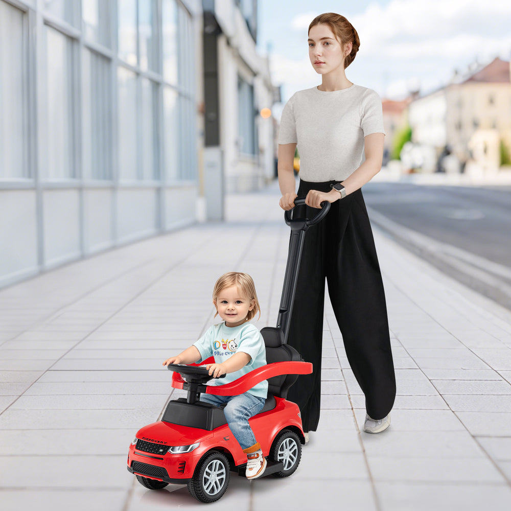 Red 3 in 1 push car for kids with removable handle, guardrail, and storage, perfect for ages 18-36 months on the go.