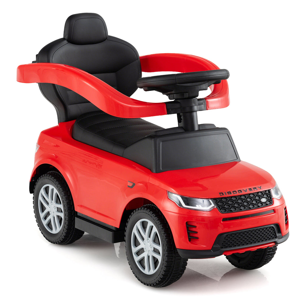 Red 3 in 1 push car with removable handle and guardrail, designed for kids 18-36 months, featuring a steering wheel and.