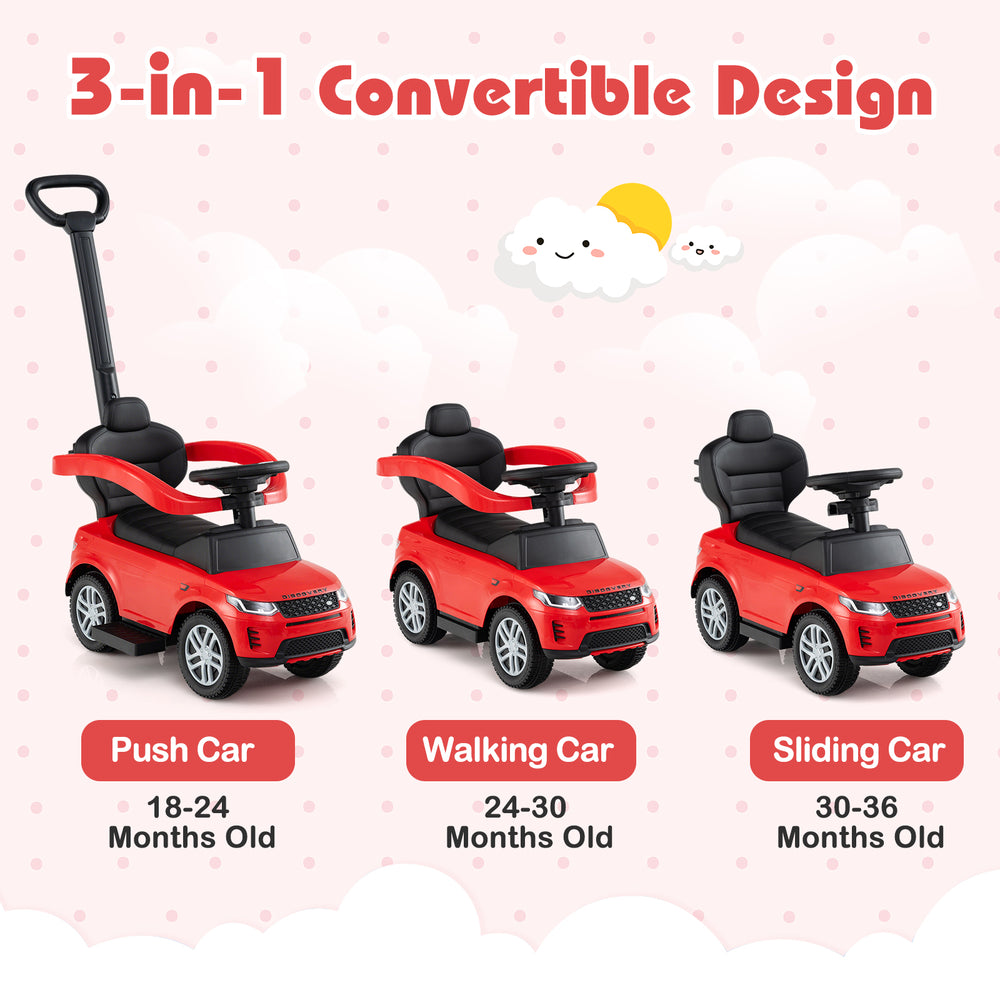 3-in-1 push car in red for kids 18-36 months, featuring removable handle, guardrail, and under-seat storage.