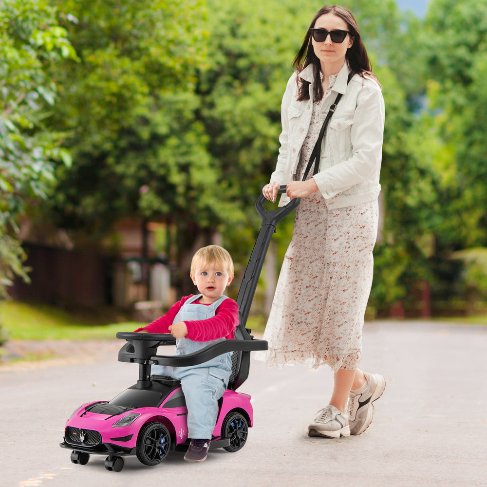 3-in-1 Maserati licensed push car in pink, featuring a child riding, detachable wheels, and a musical steering wheel.