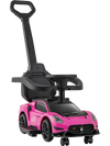 Pink Maserati licensed 3-in-1 ride-on push car with detachable handle, musical steering wheel, and under-seat storage.