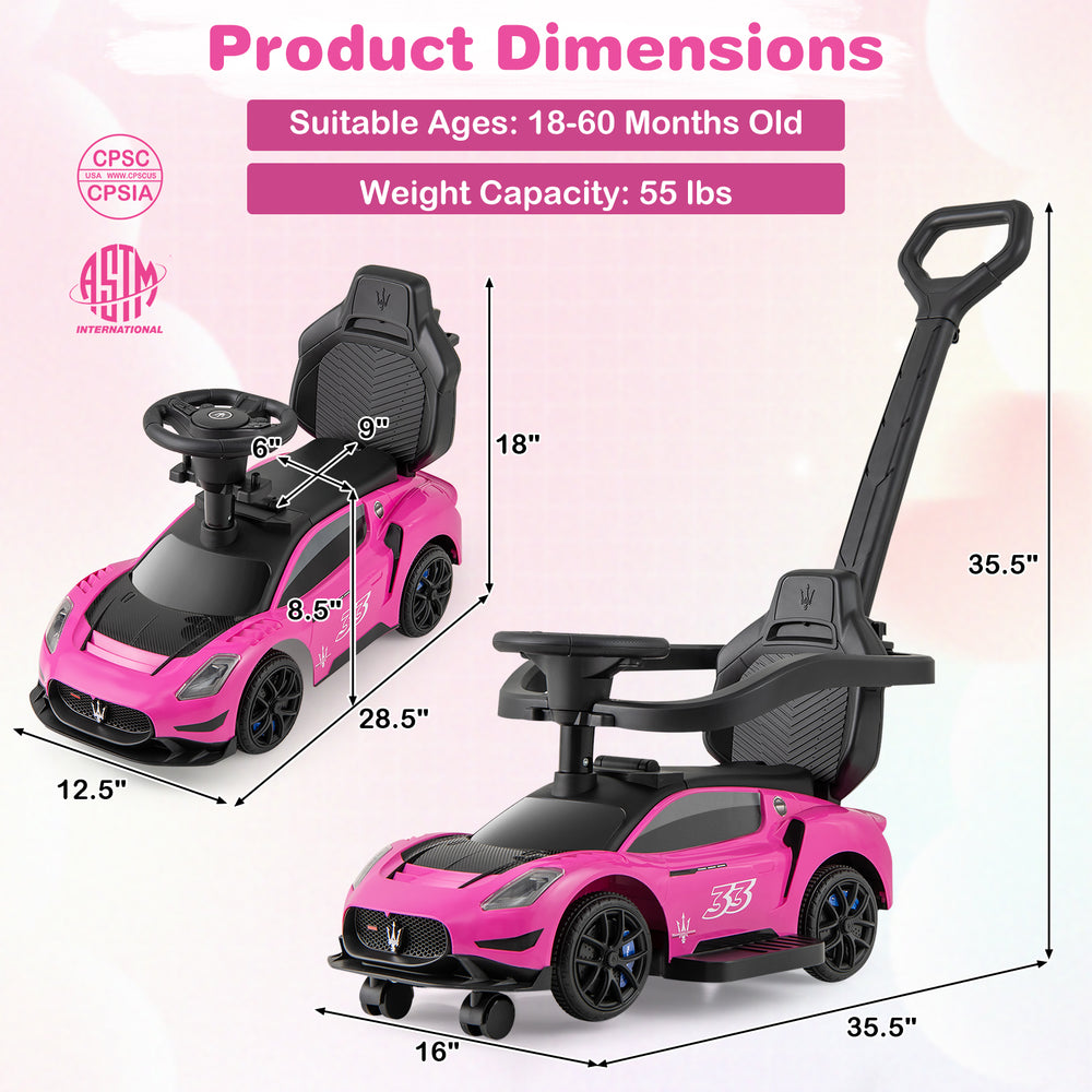 Pink 3-in-1 Maserati licensed ride-on push car with detachable handle, musical steering wheel, and under-seat storage.