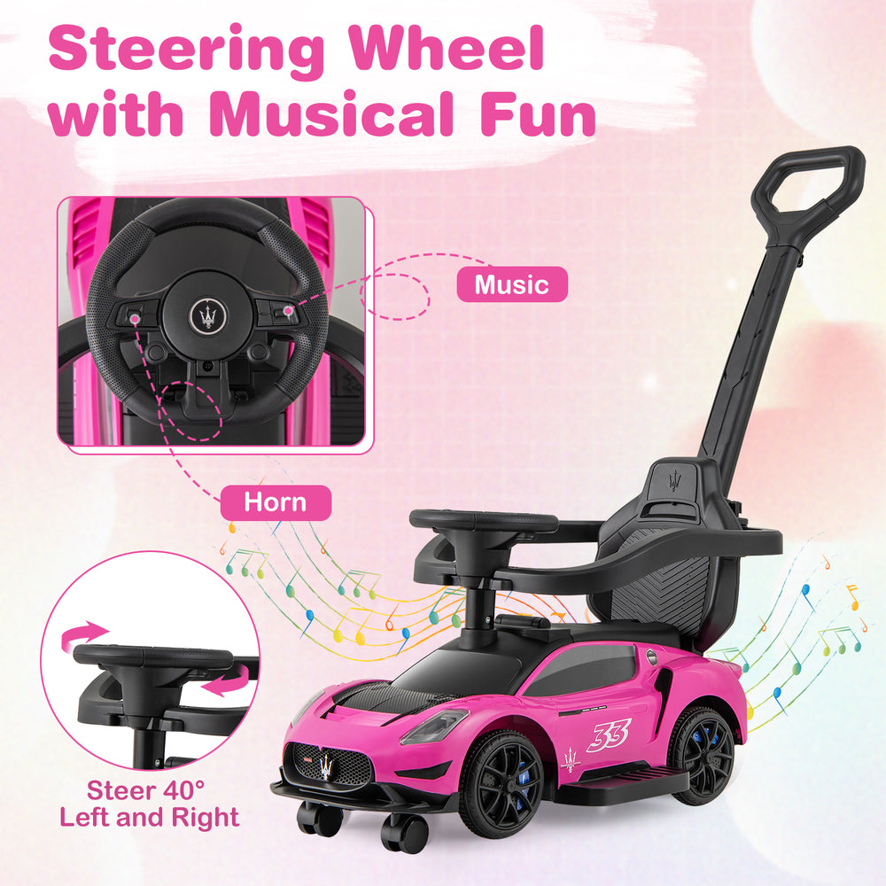 Pink Maserati licensed 3-in-1 ride-on push car with musical steering wheel, suitable for kids 18-60 months.