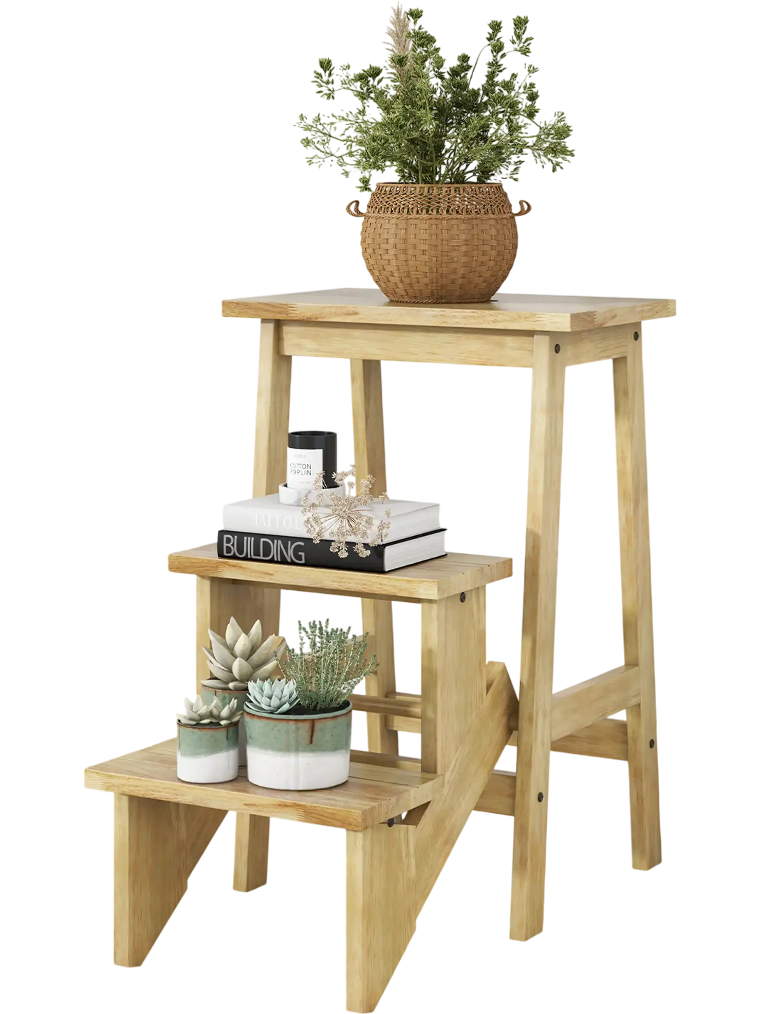 Costway 3-in-1 Rubber Wood Step Stool w/ Handle Natural 42856319 New