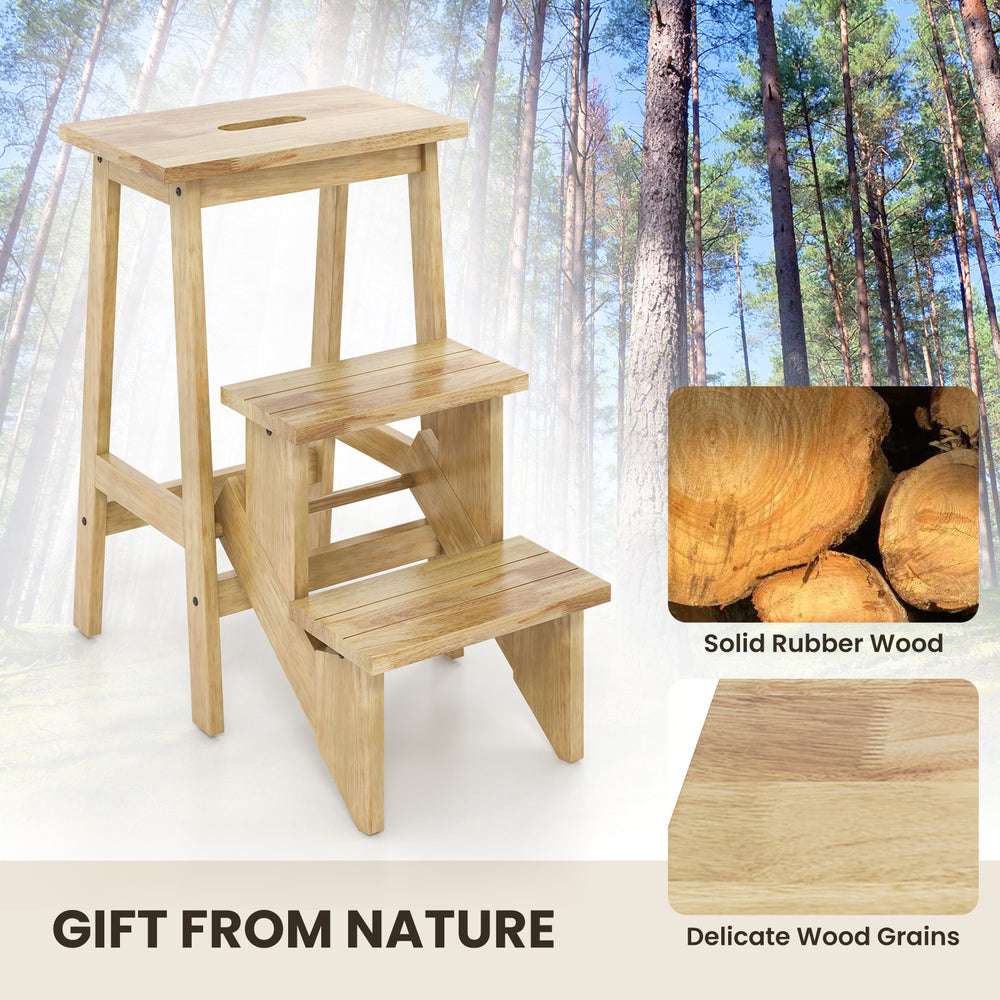3-in-1 rubber wood step stool with anti-slip surface and convenient handle, ideal for safe standing and reaching high.