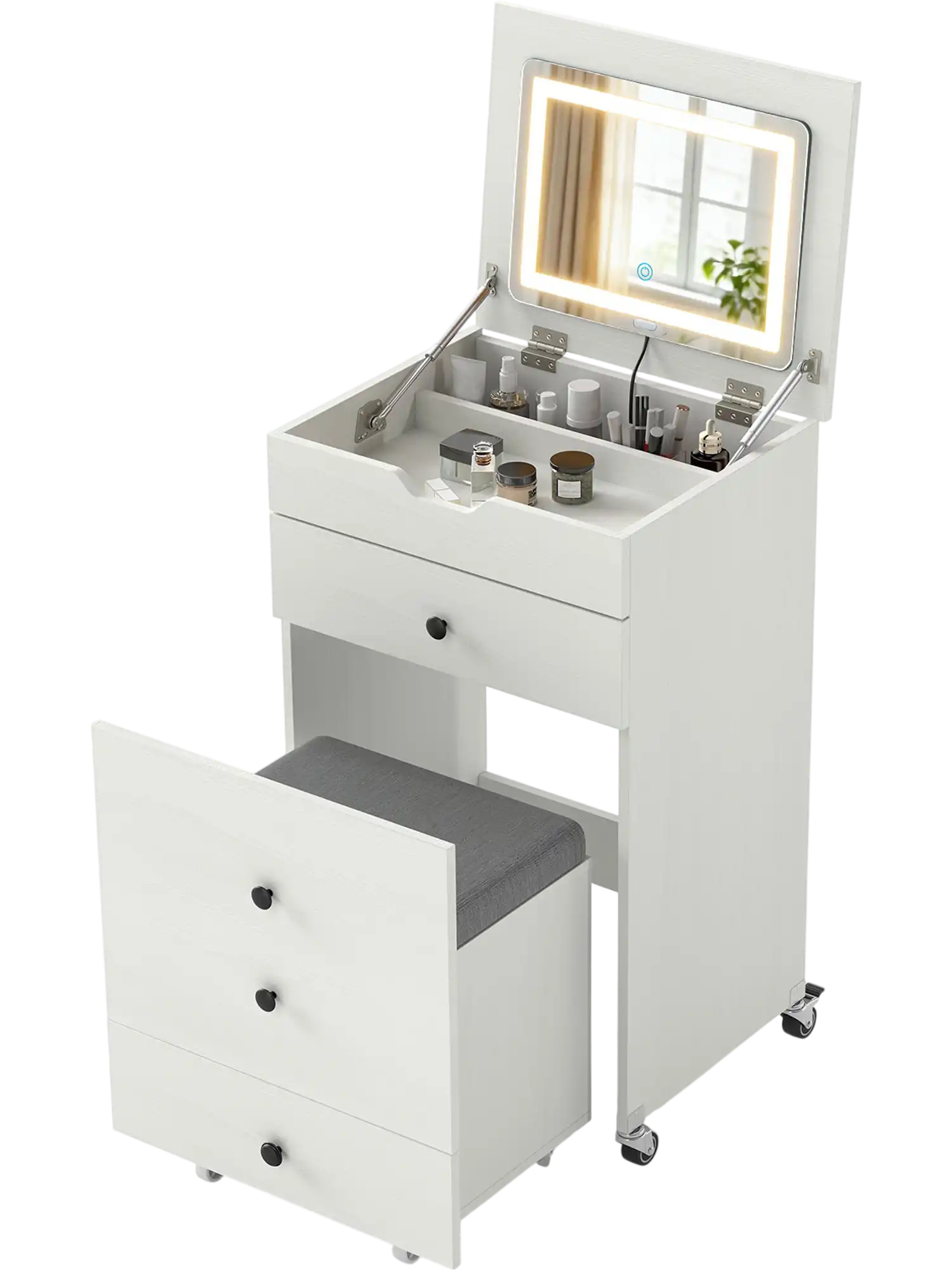 Costway 3-in-1 Small Vanity Desk Set Flip-Top Mirror Lights Drawers Stool 13926110 New