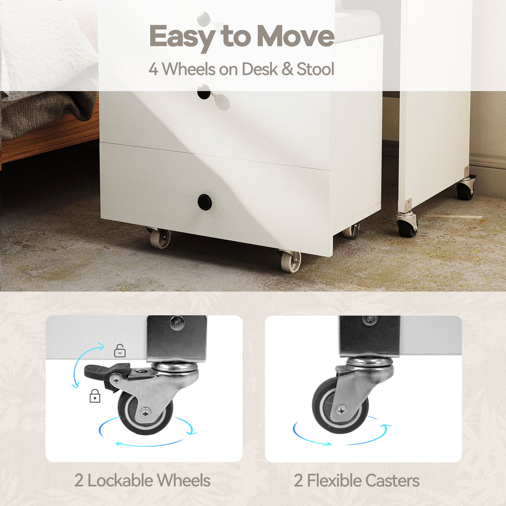 Close-up of the 3-in-1 vanity desk set wheels, featuring 2 lockable wheels and 2 flexible casters for easy mobility.