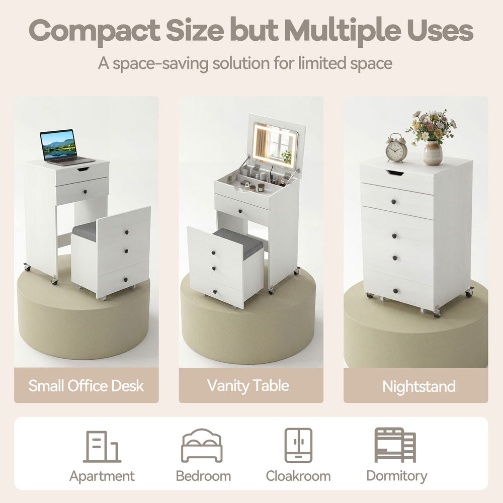 3-in-1 small vanity desk set in white with flip-top mirror, drawers, and stool, ideal for small spaces and apartments.