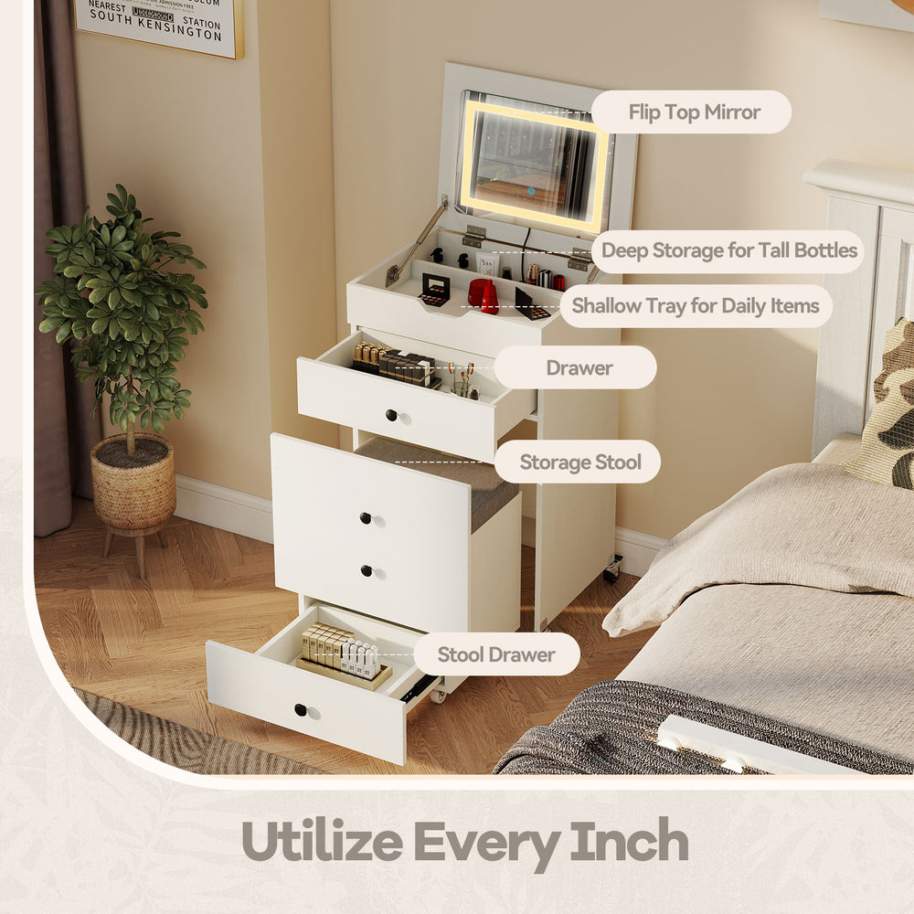 3-in-1 small vanity desk set with flip-top mirror, drawers, and stool, perfect for small rooms and versatile storage.