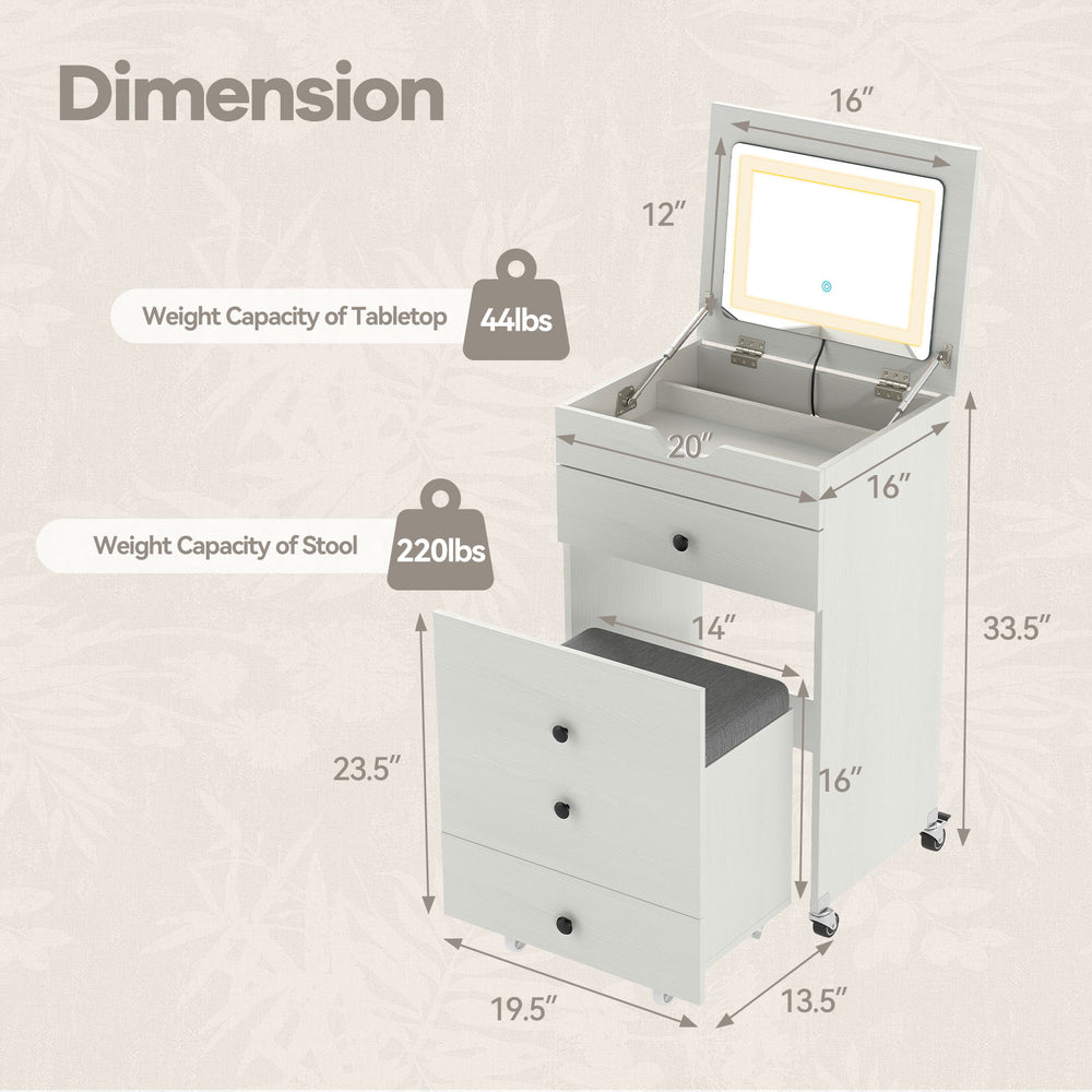 Small vanity desk set in white with flip-top mirror, drawers, and stool, ideal for small spaces and easy mobility.