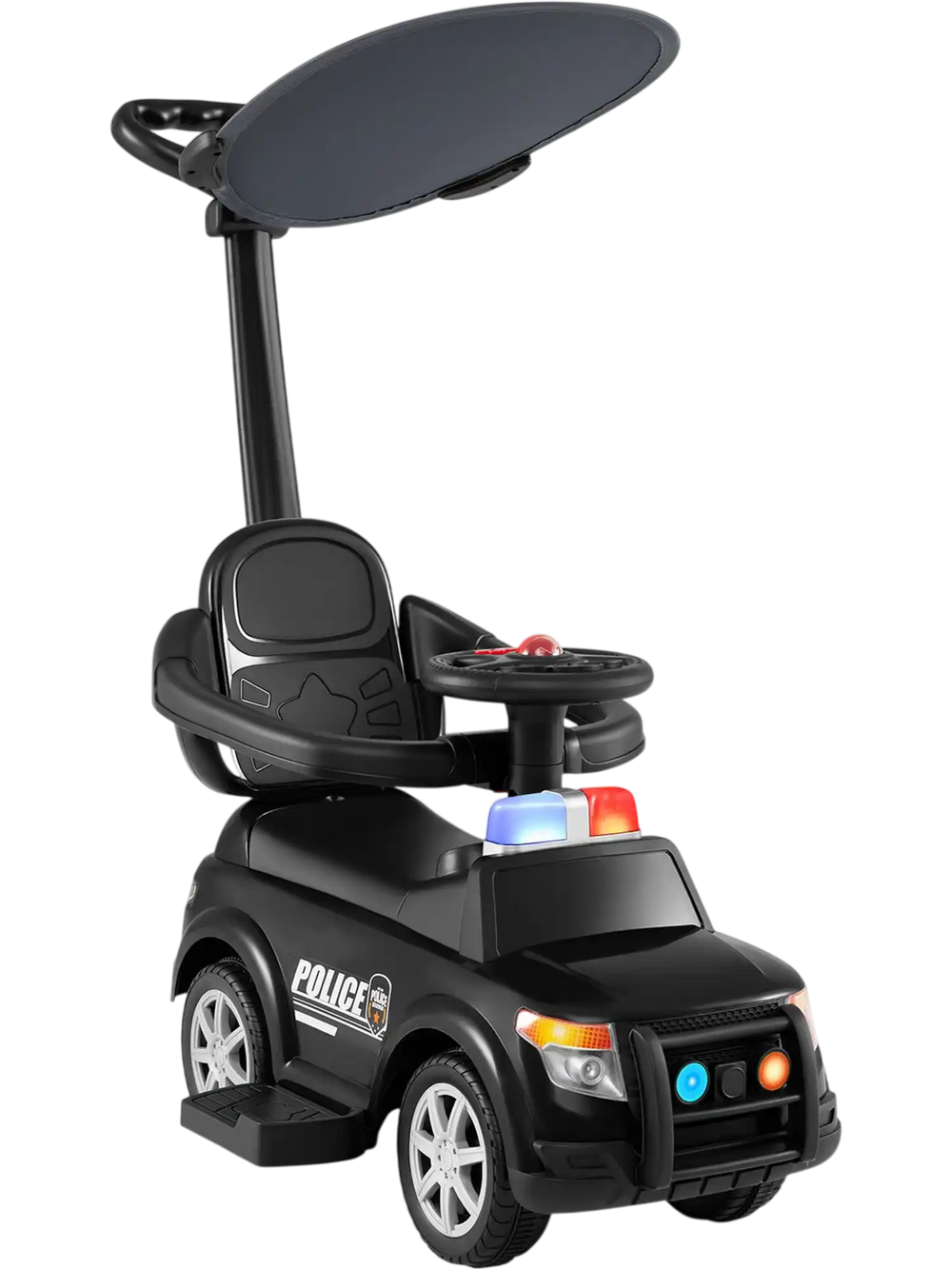Toddler push car with canopy and handle features realistic siren, lights, and adjustable sunshade for outdoor fun.