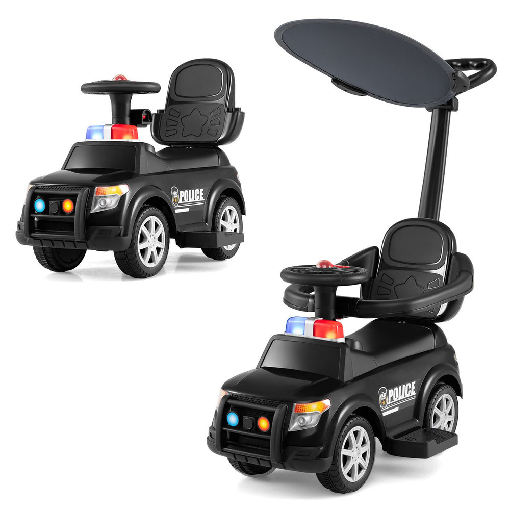 3-in-1 toddler push car in black features a canopy, siren, and lights, perfect for outdoor play and pretend adventures.