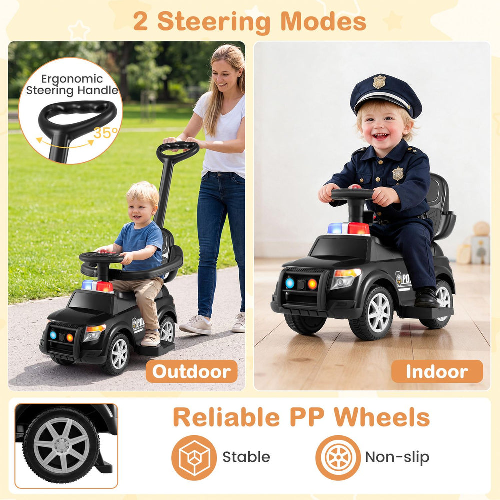 3-in-1 toddler push car in black features ergonomic handle, non-slip PP wheels, and adjustable sun canopy for outdoor fun.