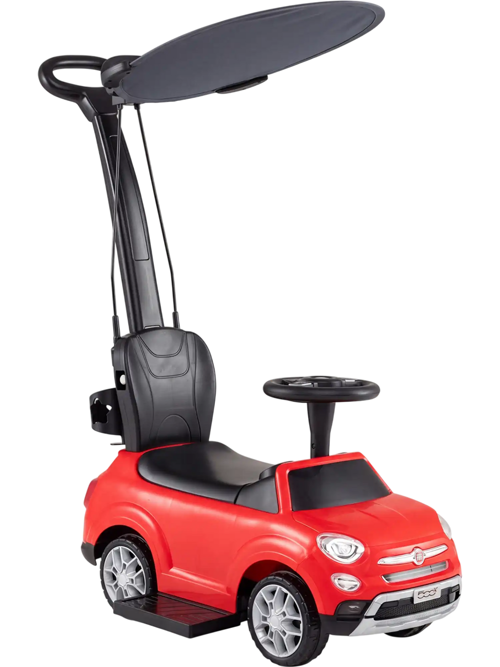 Red 3-in-1 toddler ride-on push car with adjustable canopy, steering wheel, and safety features for outdoor fun.