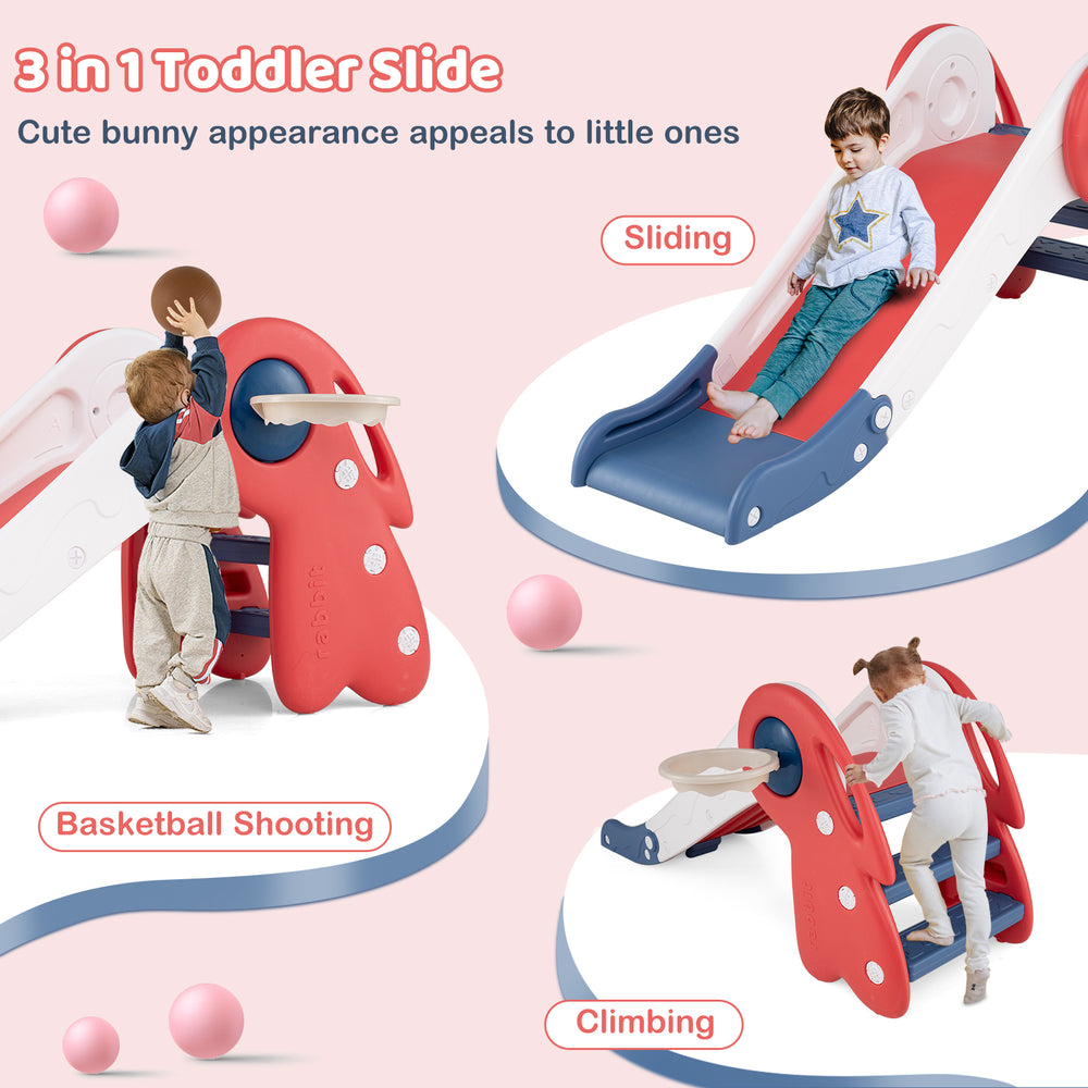 3 in 1 toddler slide in red with climbing, sliding, and basketball features, perfect for indoor and outdoor play.