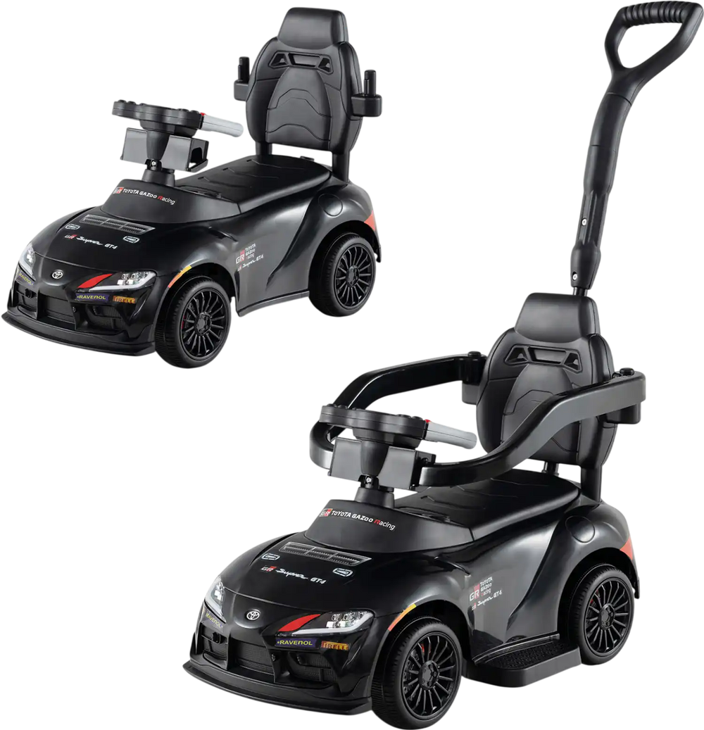 3-in-1 Toyota licensed push car in black, featuring a parent handle, guardrail, and racing-themed graphics for toddlers.