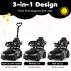 3-in-1 Toyota licensed foot-to-floor car in black, adaptable for push, walk, and ride modes for toddlers aged 18-36.