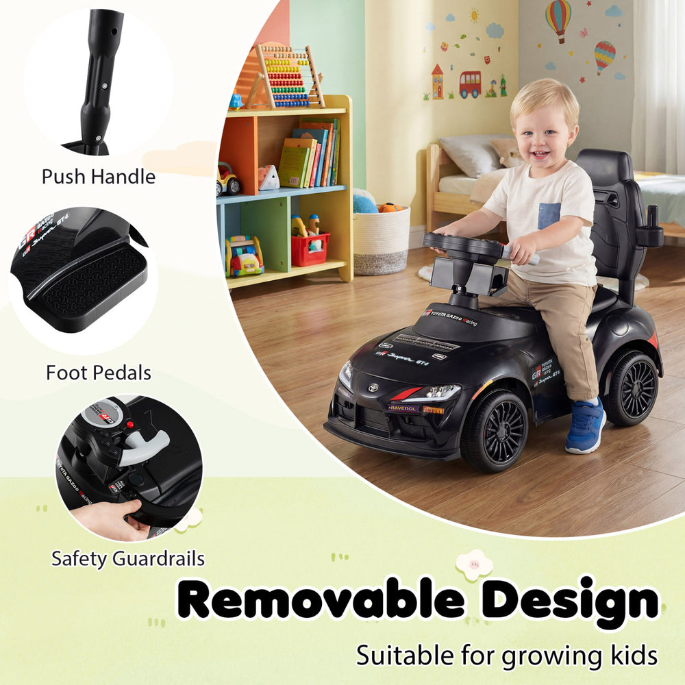 3-in-1 Toyota licensed foot-to-floor stroller toy in black with push handle, safety guardrails, and detachable design.