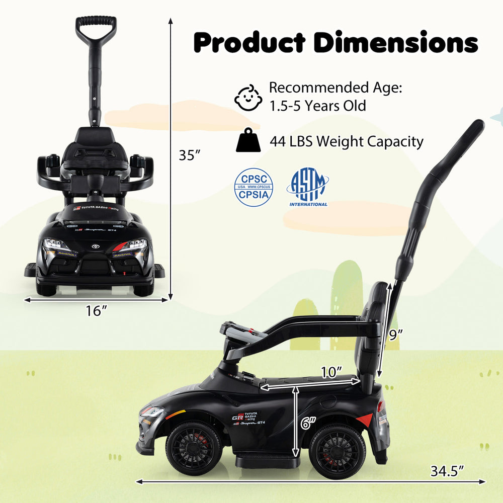 3-in-1 Toyota licensed foot-to-floor stroller toy in black, featuring a parent handle and adjustable design for.